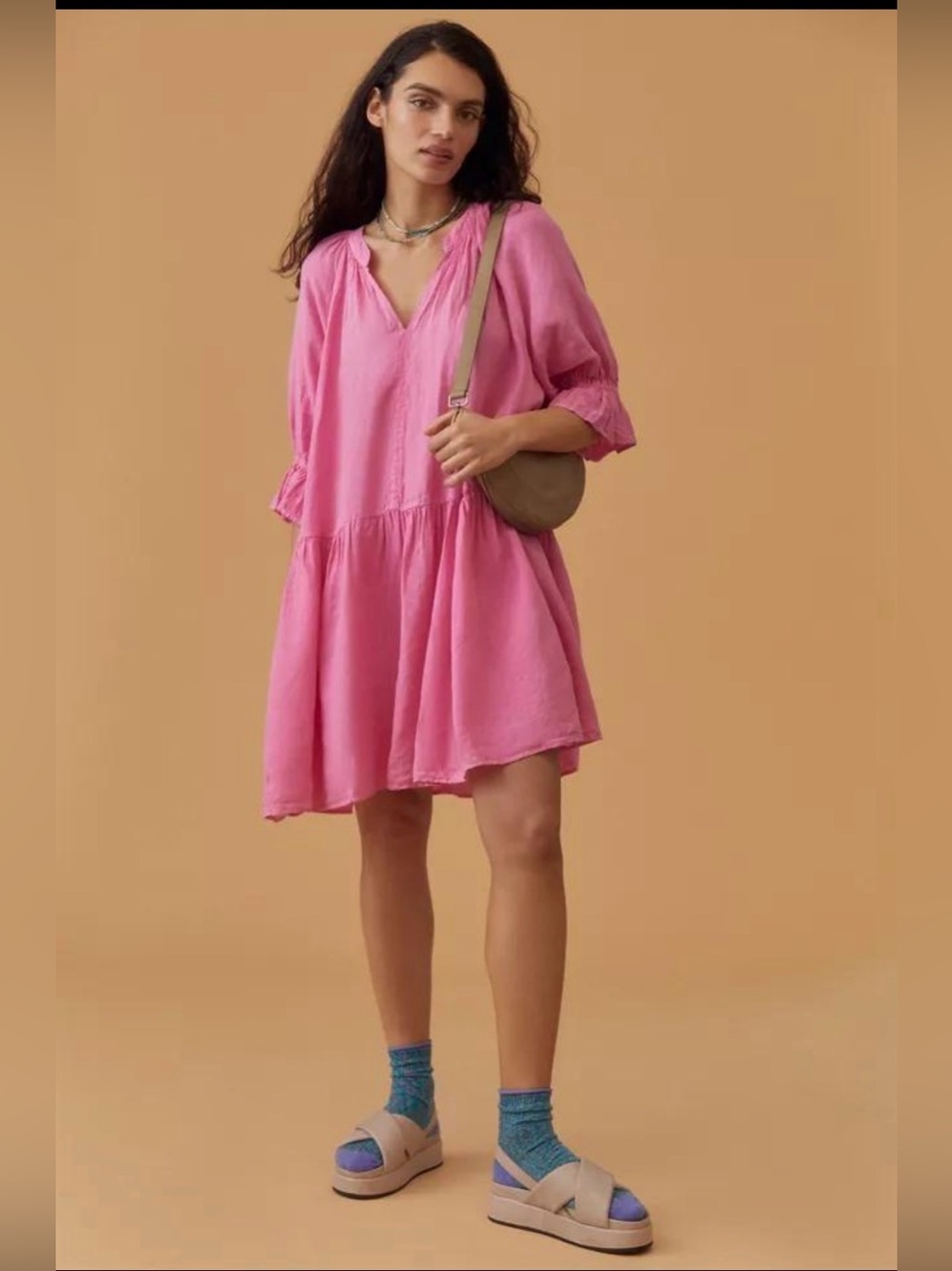 Velvet Graham Spencer Bria Pink Linen Tiered Mini Dress Size S